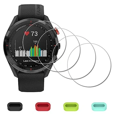 Abbildung von iDaPro Displayschutz Schutzfolie für Garmin Approach S62 watch + 4 teiliger Ladeanschlussschutz 9H Härte Gehärtetes Glas Displayschutzfolie Einfache Installation [4 Stück]