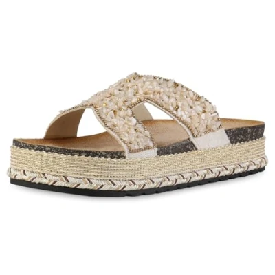 Abbildung von VAN HILL Damen Pantoletten Plateau Nieten Trendy Schuhe 216735 Beige 36