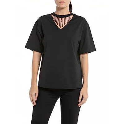 Abbildung von Replay Damen T Shirt Kurzarm aus Baumwolle mit Print, Black 098 (Schwarz), XXS