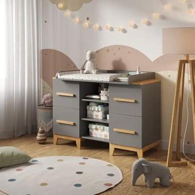 Abbildung von VitaliSpa® Wickelkommode Malia, Grau/Eiche, 133 x 98 cm XL mit 4 Schubladen