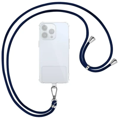 Abbildung von mtb more energy® Universal Handykette Clear dunkelblau Metallteile Silber transparenter Patch kompatibel mit vielen Handyhüllen Zubehör Smartphone zum Umhängen