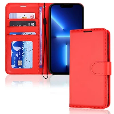 Abbildung von TECHGEAR hülle iPhone 13 Pro Max Leder PU Flip Schutzhülle Ledertasche [Brieftasche] Handyhülle mit Ständer und Handschlaufe Rot Kompatible