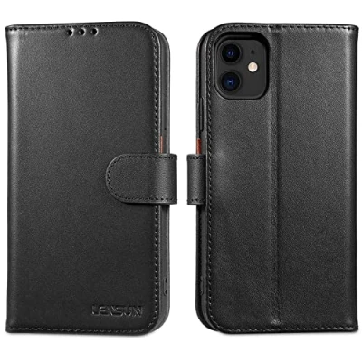 Abbildung von LENSUN Echtleder Hülle für iPhone 11, Handyhülle [Echtes Leder][Magnetverschluss][RFID Schutz] Handytasche Lederhülle Klappbar Kompatibel mit 11 Schwarz