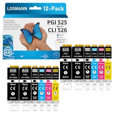 Abbildung von LOSMANN PGI 525 CLI 526 Druckerpatronen Kompatibel für Canon Tintenpatrone PIXMA MG5140 MG5350 MG5150 MG5250 IP4850 IP4950 IX6550 MX885 MX715 MG6150 MG6250 MX895 MG8150 MG8250 (12er Pack)