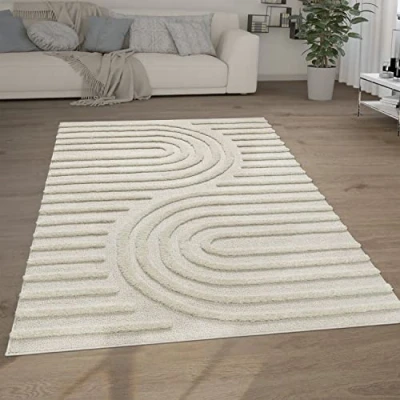 Abbildung von Paco Home Hochflor Teppich Wohnzimmer Shaggy 3D Optik Ethno Boho Vintage Look Weich, Grösse:160x220 cm, Farbe:Creme 7