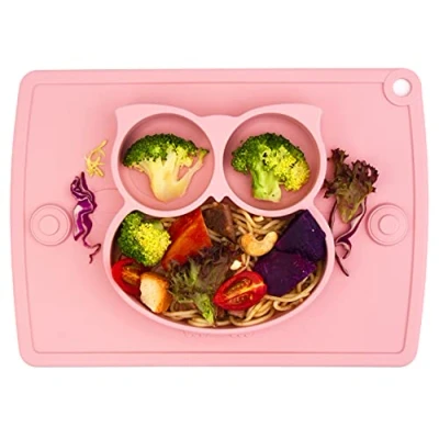 Abbildung von Baby Teller Schüssel Mini Silikon Tischset für Kleinkinder und Kinder Tragbar Rutschfest Babyteller Abwaschbar Spülmaschine, Mikrowelle (Matcha Eule)