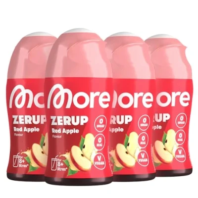 Abbildung von MORE Zerup, Red Apple, 4 x 65 ml, für bis zu 32 l Fertiggetränk, zuckerfreier Sirup mit echten Fruchtextrakten, vegan, zero Kalorien made in Germany