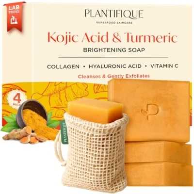 Abbildung von PLANTIFIQUE Kojicsäure Seife für Hyperpigmentierung Kurkuma Seife, 4 Stück, Hyaluronsäure, Kollagen, Vitamin C, gegen dunkle Flecken, Gesichts und Körperseife, 300 g