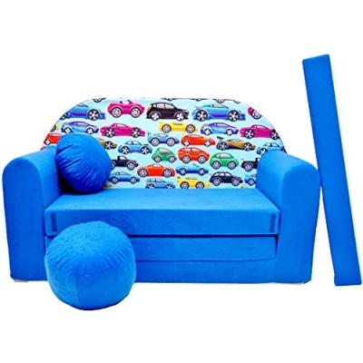 Abbildung von Pro Cosmo Kindersofa Bettfunktion 3in1 Sofa + Gratis Polsterhocker und Kissen Kindermöbel Set C21