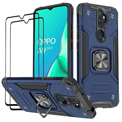 Abbildung von KANSi Hülle kompatibel für Oppo A9 2020 / A5 2020, Schutzfolie [2 Stück] Silikon TPU Hart PC Handy Hüllen 360 Grad Drehbar Ringhalter Bumper Stoßdämpfung Schutzhülle Blau
