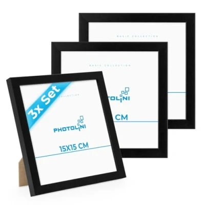 Abbildung von PHOTOLINI Bilderrahmen 15x15 Schwarz MDF Holz, 3er Set Poster Rahmen, bruchsicheres Acrylglas, zum Aufhängen &amp; Aufstellen, extra Zubehör für Fotos
