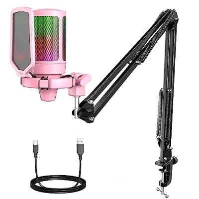 Abbildung von FIFINE Mikrofon USB Streaming mit Arm Kondensator Set PC Gaming RGB, Stummschalttaste, Popfilter und Stoßdämpferhalterung, Pink