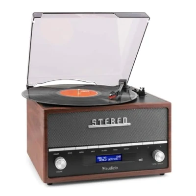 Abbildung von Audizio Frisco Schallplattenspieler und DAB+ Radio, 2 in 1 Record Player, Plattenspieler Bluetooth, Weckfunktion, Retro Vinyl Breitbandlautsprecher, Designer Stück, Braun