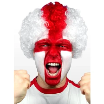 Abbildung von Perücke England weiß rot Fußball EM Fan Accessoire für diesen Sommer Locken aus Kunsthaar