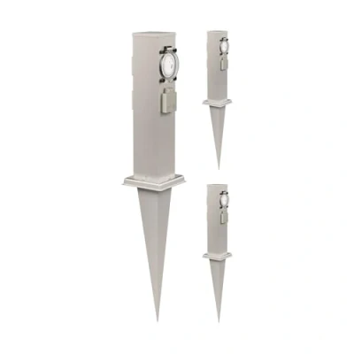 Abbildung von ledscom.de 3 Stück Garten Steckdosen Säule Polly mit Erdspieß für außen, IP44, Fach Timer/Zeitschaltuhr, Edelstahl, eckig, 38cm