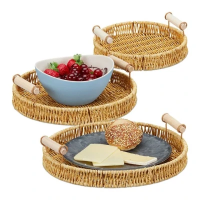 Abbildung von relaxdays Tablett Serviertablett 3er Set rund, Pflanzenfaser