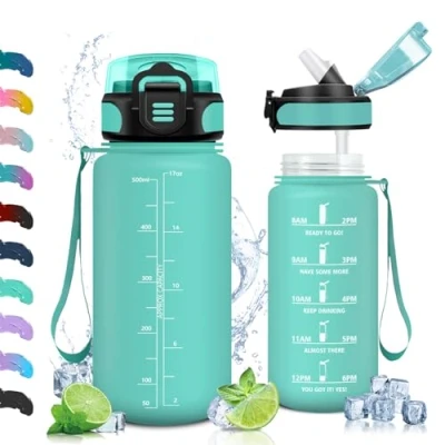 Abbildung von Vikaster Sport Trinkflasche, Trinkflasche mit Strohhalm 500ml, Wasserflasche Leak Proof, BPA Free, Sportflasche für Schule, Camping, Yoga, Gym, Outdoors