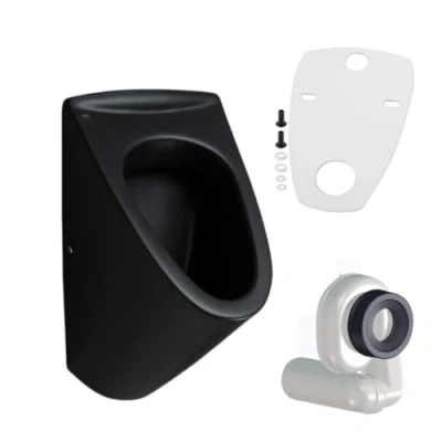 Abbildung von HGMBAD Urinal Onyx schwarz matt Zulauf von hinten Siphon, Keramik, Wasserspülung, Abgang hinten, (Komplettset, LotusClean Beschichtung)