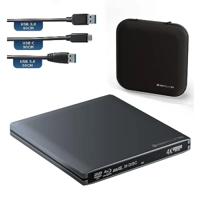 Abbildung von techPulse120 Externes UltraHD UHD 4k 3D M DISC BDXL HDR10 100GB USB 3.0 &amp; C Laufwerk Bluray Brenner Burner Superdrive UltraSlim BD DVD CD Ultra Paket Tasche 90cm Anschlusskabel Aluminium Grau