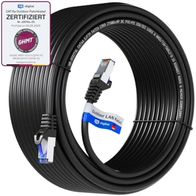 Abbildung von hb digital 25m CAT 6a Outdoor LAN Kabel Netzwerkkabel Patchkabel IP66 GHMT Zertifiziert RJ45 Ethernet S/FTP PiMF 10 Gbit/s AWG 26 für Außen &amp; Innenbereich wasserdicht Schwarz