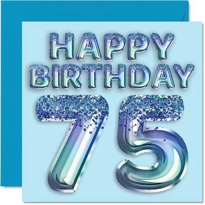 Abbildung von Stuff4 Geburtstagskarte zum 75. Geburtstag für Männer Blauer Glitzer Partyballon Happy Birthday Karten 75 Jahre alten Mann, Großvater, Vater, Oma, 145 mm x mm,