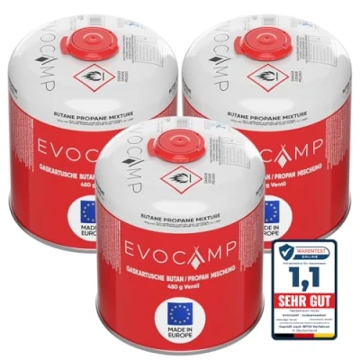 Abbildung von EVOCAMP 3X Propan Butan Gaskartuschen 450g einsetzbar für Weber Grills Q100/1000 Serien, Schraubkartusche Eurogewinde 7/16&quot;, Ventilkartusche 809ml mit Sicherheits Verschlussautomatik