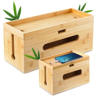 Abbildung von Otauoaea Kabelbox Holz [2er Set Groß &amp; Klein] aus nachhaltigem Bambus Kabelmanagement Box zum Kabelsalat Kabel Verstecken Steckdosenbox Kabelsammler Organizer