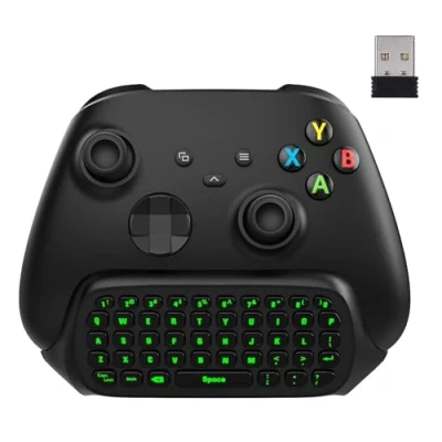 Abbildung von MoKo Xbox Mini Tastatur, 2.4G Empfänger Wireless Chatpad Game Tastatur mit Headset Green Hintergrundbeleuchtung Audio Jack, Kompatibel One S/Xbox Elite, Series X/Series S, Schwarz