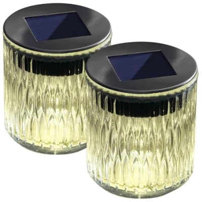 Abbildung von Lunartec Solar Windlicht Garten: 2er Set LED aus Echtglas mit tollem Lichtmuster, IP44 (Tischlaterne Solar, Motiv, Teelicht)