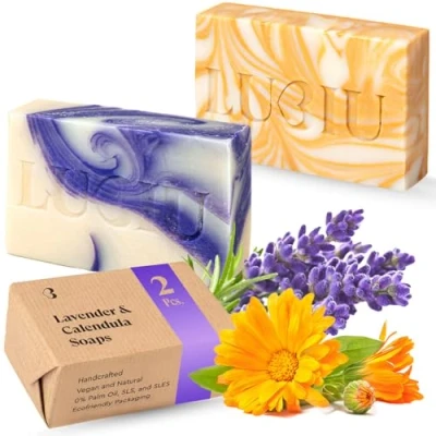 Abbildung von lubiu Naturseife Duo Lavendelseife &amp; Ringelblumenseife Handgemachte Seife Stück (2x100g) Duftseifen für alle Hauttypen Kinder Duschseife, Handseife Gesichtsseife Natural Soap