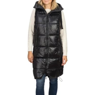 Abbildung von DENIMFY Steppweste Damen lang mit Kapuze Regular Fit DFCaro Weste Knielang Outdoor Reißverschluss Taschen Herbst Winter Schwarz S, Größe:S, Farbe:Black