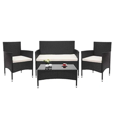 Abbildung von Mendler Poly Rattan Garnitur HWC F55, Balkon /Garten /Lounge Set Sofa Sitzgruppe schwarz, Kissen Creme