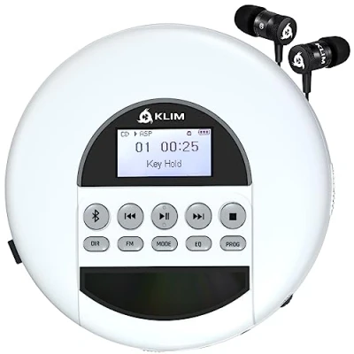Abbildung von KLIM Nomad NEU 2024 Tragbarer CD Player Discman Mit langlebigem Akku Inklusive Kopfhörer Kompatibel R, RW, MP3 TF Reader, Radio FM, Bluetooth Ideal für Autos Weiß