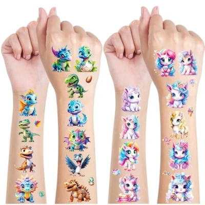 Abbildung von Glitzer Tattoo Set Kinder, 12 Blätter Dinosaurier &amp; Einhorn Temporäre Tattoos Mädchen Glitzer, Dino Geschenke für Jungen, Deko Kindergeburtstag