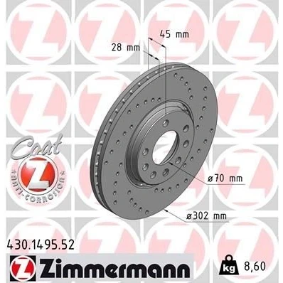 Abbildung von ZIMMERMANN SPORT COAT Z 430.1495.52 Bremsscheibe 302 28 8/5 5 110 außenbelüftet, gelocht beschichtet hochgekohlt OPEL: Vectra C Caravan, Signum CC