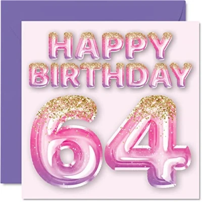 Abbildung von Stuff4 Geburtstagskarte zum 64. Geburtstag für Frauen rosa und lila Glitzerballons Happy Karten 64 Jahre alte Frau Mama Nanny Grandma Gran Auntie, 145 mm x Grußkarten Geschenk