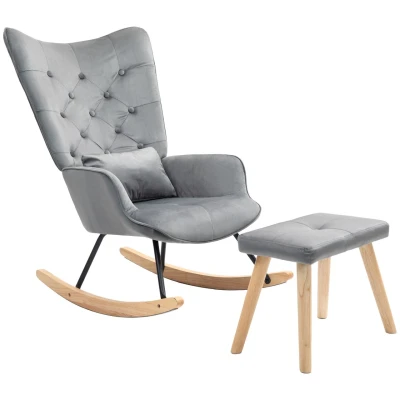 Abbildung von HOMCOM Schaukelstuhl mit Hocker, Relaxsessel Kissen, Samtoptik, Schaukelsessel Holzbeine für Schlafzimmer, Wohnzimmer, 66 x 96 101 cm, Dunkelgrau