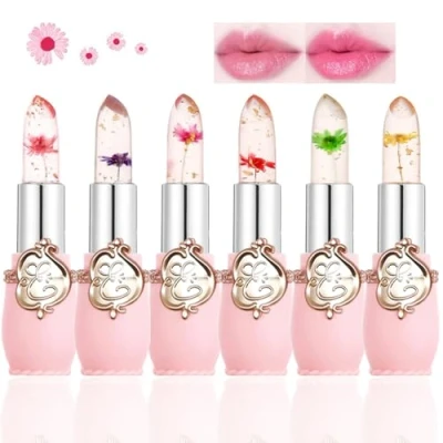 Abbildung von Clear Flower Jelly Lippenstift, 6 Packungen nahrhafte Feuchtigkeitscreme Lippenbalsam Temperatur Farbwechsel Lippenstift Matt Langlebiger Lipgloss (Black 6, M)