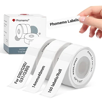 Abbildung von Phomemo Etiketten Weiß für D30 Etikettiergerät, Thermo Kompatibel mit Colorwing Q30, Etikettendrucker Q31/Q30S/Q30, 14mmx40mm Schriftband 160 Etiketten/Rolle, 3 Rollen