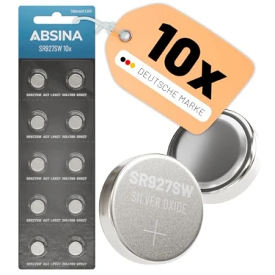 Abbildung von ABSINA SR 927 SW Uhren Knopfzelle 1,55V Silberoxid 10er Pack Uhrenbatterie 395/399 / AG7 LR927 SR927SW auslaufsicher &amp; Lange Haltbarkeit SR927SW, 395