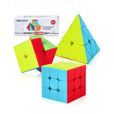 Abbildung von Roxenda Zauberwürfel Set, Original Speed Cube Set mit 2x2 3x3 Pyramide Speedcube, Einfaches Drehen &amp; Flüssiges Spielen, Aufkleber Version (Stickerless)