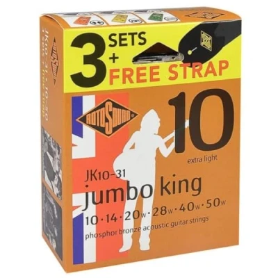 Abbildung von Rotosound Saiten für Akustikgitarre JUMBO KING 3 Satz + Strap JK10 31 F