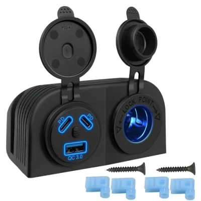 Abbildung von Hoembpn 12V USB Steckdose Auto Ladegerät, Dual PD Type C und QC3.0 Ladegerät + 12V/24V Zigarettenanzünder Buchse wasserdichte Zwei Loch Zelt Panel mit Schalter, für RV Boot Motorrad