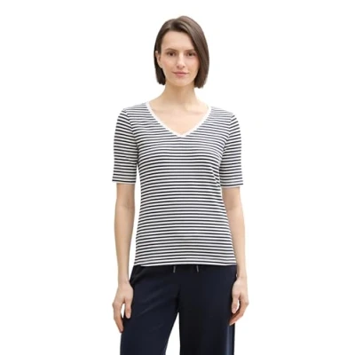 Abbildung von TOM Tailor MIT Vausschnitt Tshirt print, Damen, Größe: Small, Offwhite navy regular stripe