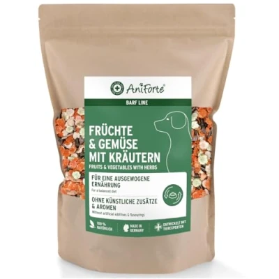 Abbildung von AniForte Barf Zusatz für Hunde Früchte und Gemüse mit Kräutern 1kg Naturprodukt, Ergänzungsfutter, glutenfrei, Flocken ohne künstliche Zusätze, 100% Natur Ergänzung barfen, Futter