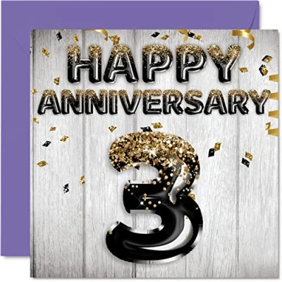 Abbildung von Tolle Leder Jubiläumskarte für Ehemann Freund Ehefrau Freundin schwarz goldene Glitzer Luftballons Happy 3rd Anniversary Cards from Family 145 mm x Grußkarten dritte Jubiläen