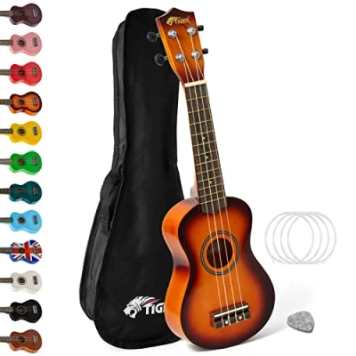 Abbildung von TIGER UK7 Ukulele für Anfänger enthält eine Gig Bag, ein Filzplektrum, einen Satz Ersatzseiten mit Aquila Saiten Sunburst