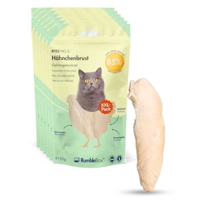 Abbildung von Gefriergetrocknete Katzensnacks RumbleBox XXL Sparbox Hähnchenbrust, 100% ganze Hühnerbrust, natürliche Zahnpflege für Katzen, gesunde Katzen Snacks ohne künstliche Zusätze 6x50g