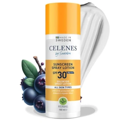 Abbildung von Celenes by Sweden Herbal Sonnenschutzspray SPF30+ Organischer &amp; Mineralischer Schutz für alle Hauttypen 150ml Wasserfest, ohne Parabene oder Alkohol