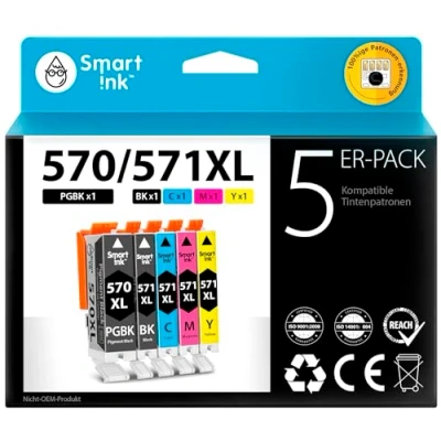 Abbildung von Smart Ink kompatible Druckerpatronen als Ersatz für Canon PGI 570 XL CLI 571 5 Multipack (PGBK &amp; BK/C/M/Y) mit Chip Pixma MG5750 TS5051 TS5050 MG7750 MG6851 TS6050 TS5053 TS5055 TS8050 MG6850